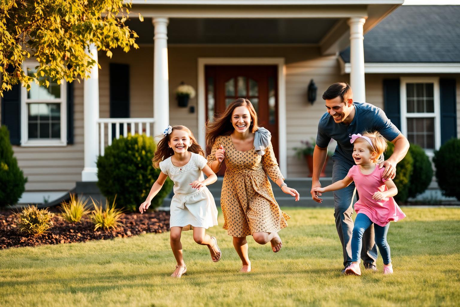 Happy family playing in front of their home